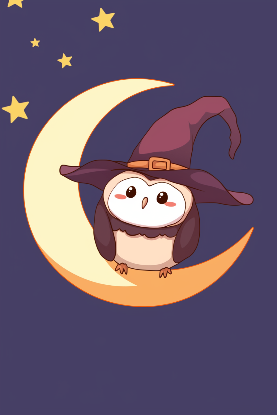 halloween cute animals drawings 2, featuring a cute owl dressed as a wizard sitting on a crescent moon against a starry night sky.